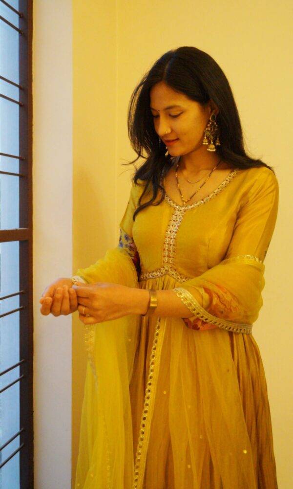 Mustard Printed Chinon Alia Cut Gown