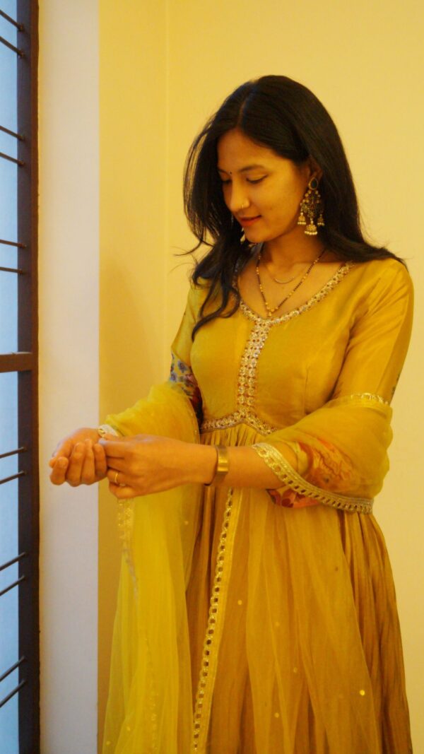 Mustard Printed Chinon Alia Cut Gown