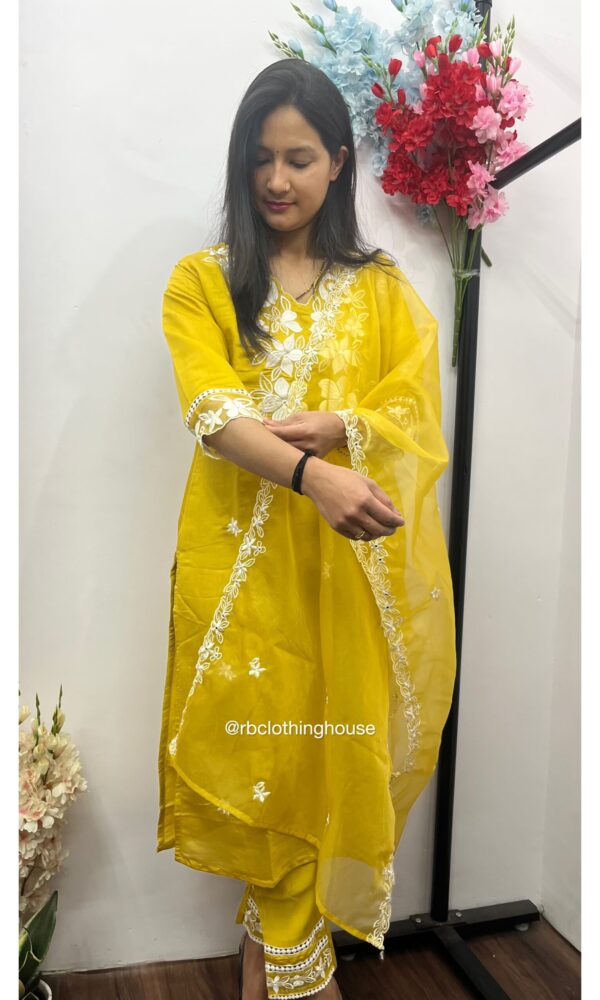 Yellow Cotton Chanderi Straight Suit Set