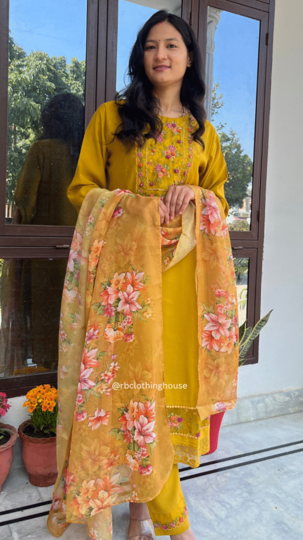 Cotton Silk Yellow A-line Suit Set