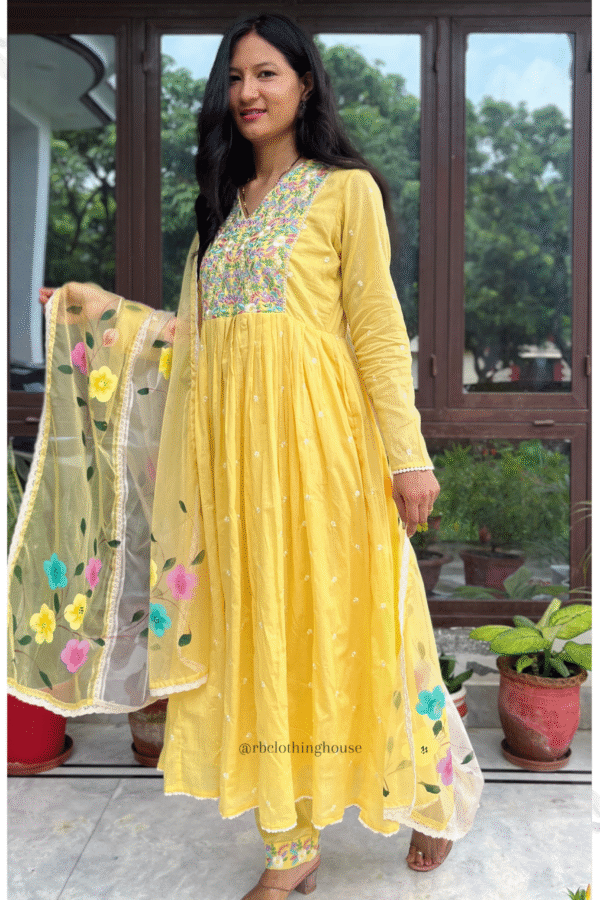 Yellow Cotton Anarkali Suit Set