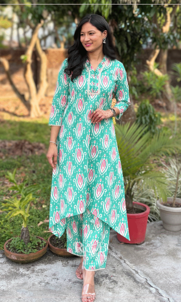 Green Ikat Print A Line Cotton Kurta Set