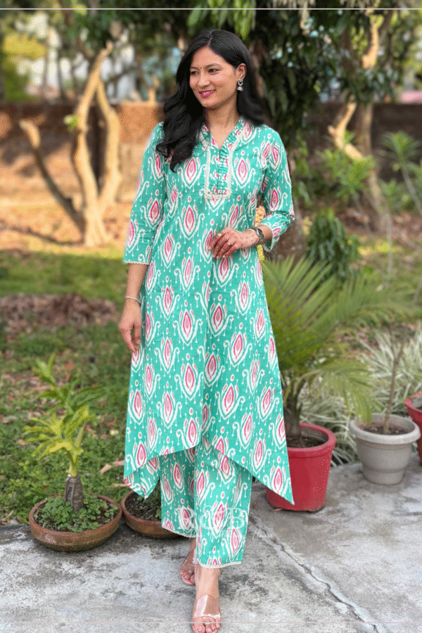 Green Ikat Print A Line Cotton Kurta Set