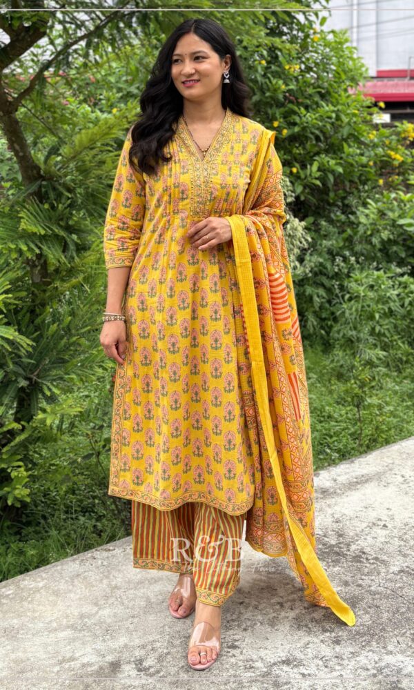 Yellow Printed Cotton A-Line Set