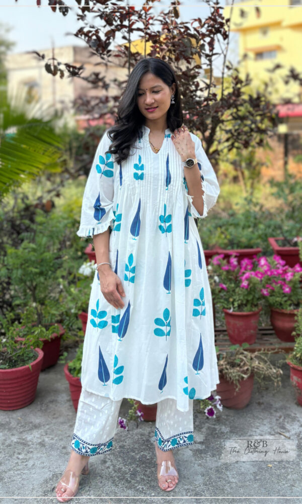 White And Blue Block Printed Kurta With Bottom