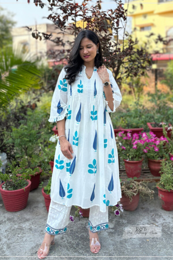 White And Blue Block Printed Kurta With Bottom