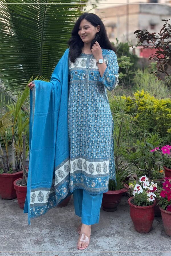 Blue Cotton Printed Suit Set
